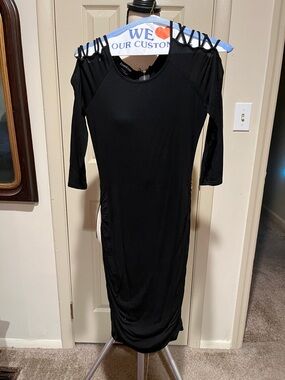 Black Cold-Shoulder Midi Dress with Strappy Detail
